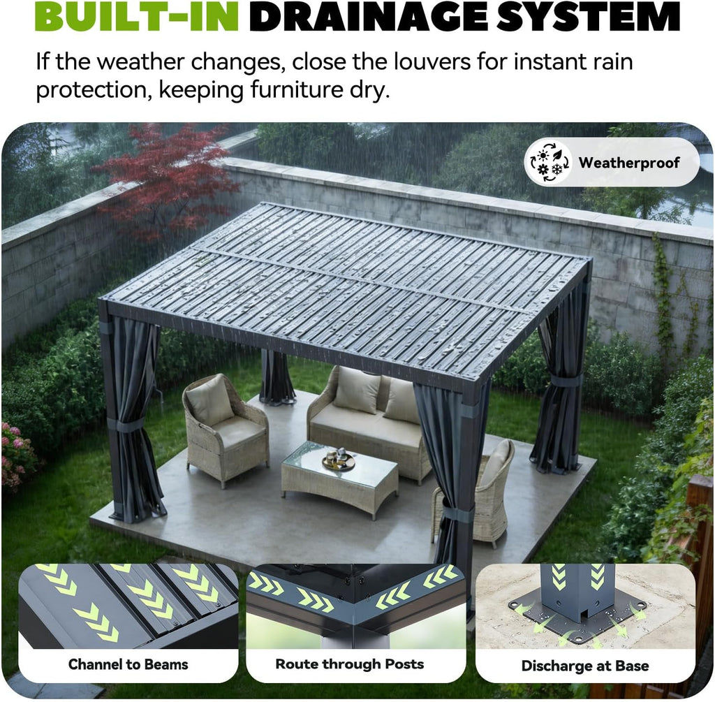 MELLCOM Louvered Pergola 10x12, Outdoor Rustproof Shelter with Adjustable Roof, Steel Aluminum Gazebo with Waterproof Curtains and Netting for Patio Deck, Dark Grey