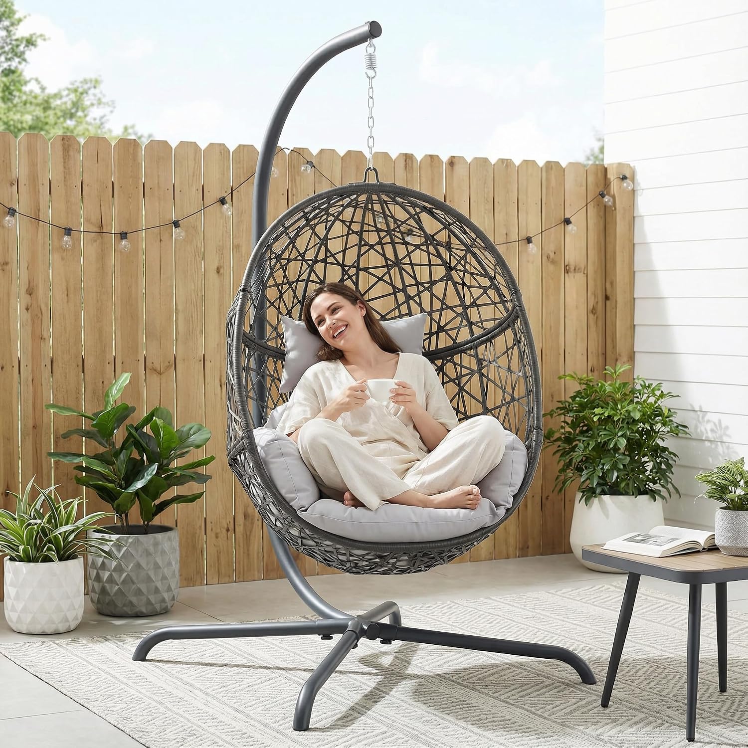 NICESOUL Egg Swing Chair Outdoor Indoor, Boho Style Bird Nest Wicker Swinging Chair with Stand, 350Lbs Comfy Hanging Hammock Chairs with Cushions, All-Weather Egg-Shape Seat for Deck, Garden, Gray