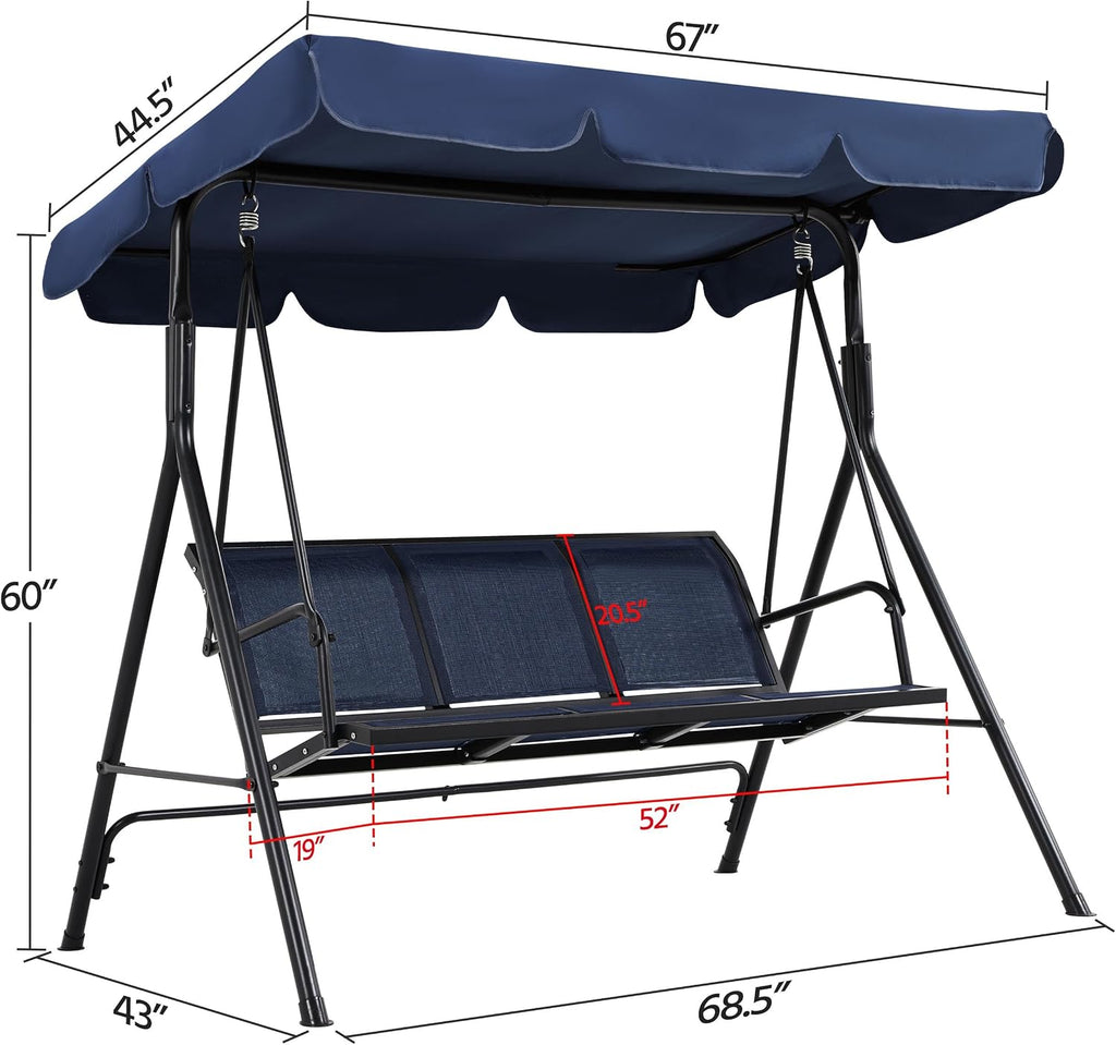 Yaheetech Outdoor Porch Swing Chair for Adults, 3-Seat Patio Sunset Hanging Swing w/Texteline Fabric & Adjustable Canopy & Armrests, Canopy Lounge Chair for Backyard/Garden/Balcony, Blue