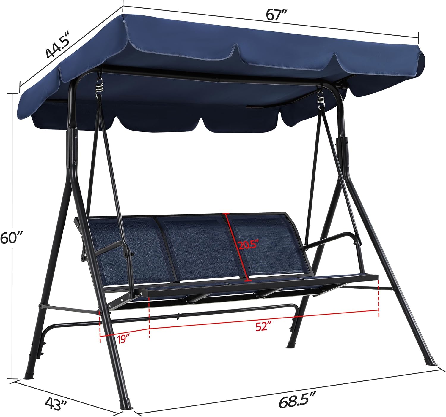Yaheetech Outdoor Porch Swing Chair for Adults, 3-Seat Patio Sunset Hanging Swing w/Texteline Fabric & Adjustable Canopy & Armrests, Canopy Lounge Chair for Backyard/Garden/Balcony, Blue