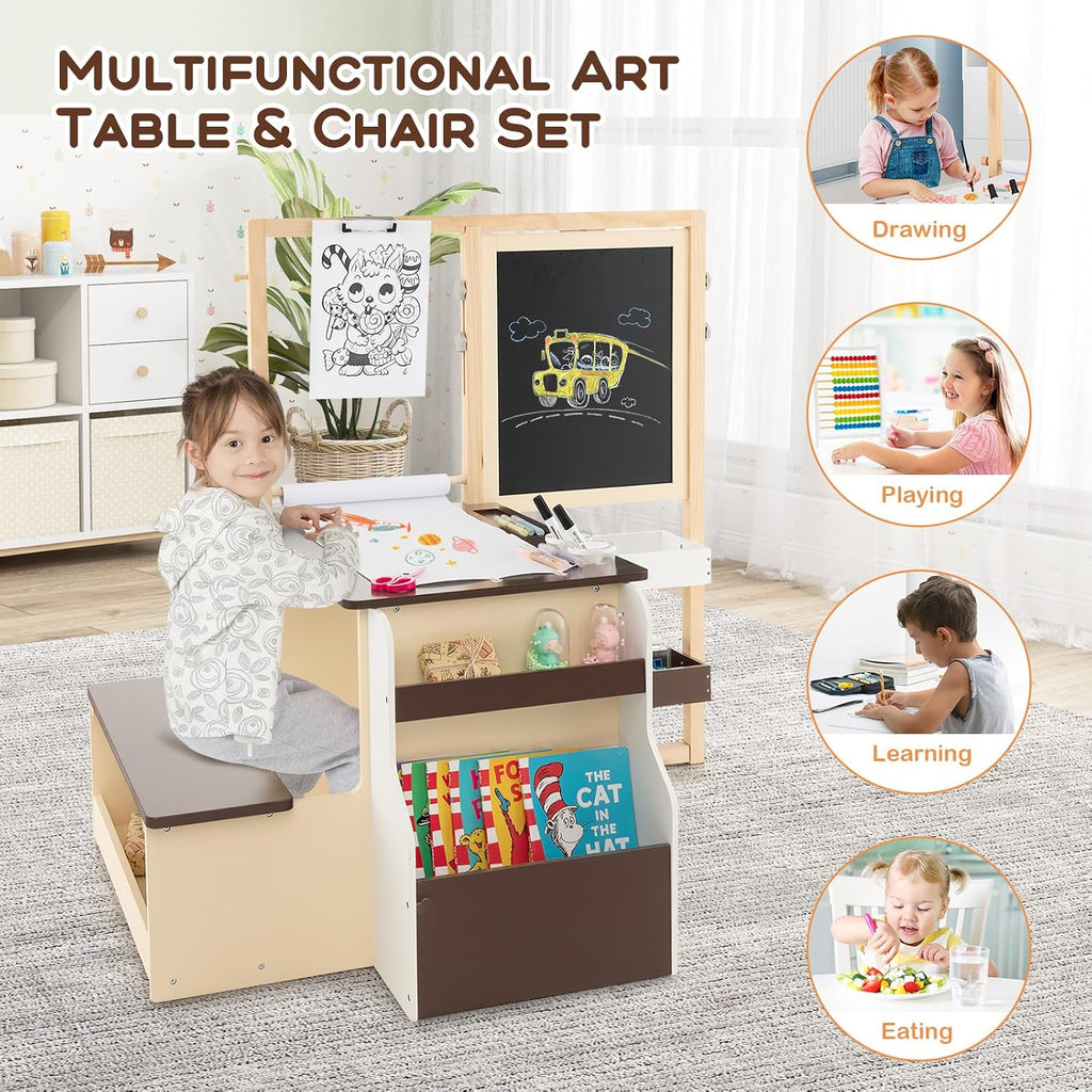 Costzon Easel for Kids, Wooden Art Center with Double-Sided Blackboard & Whiteboard, Paper Roll for Drawing, Crafts, Writing, Toddler Activity Table with Storage, Kids Table and Chair Set (Brown)