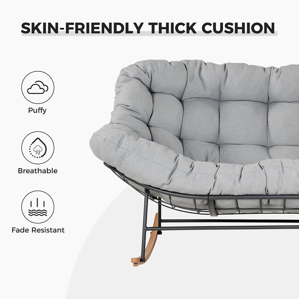Grand patio Rocking Chair Outdoor, Oversized Papasan Rocking Chair for 2 with E-Coated Steel Frame and Thick Cushion, Comfy Loveseat Rocker for Patio Porch Deck, Grey