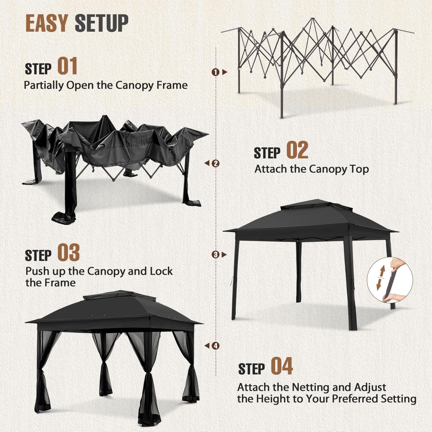 11x11 Pop Up Gazebo Tent with Mesh Netting, Instant Outdoor Canopy with UPF 50+ UV Protection, Water Resistant, Black