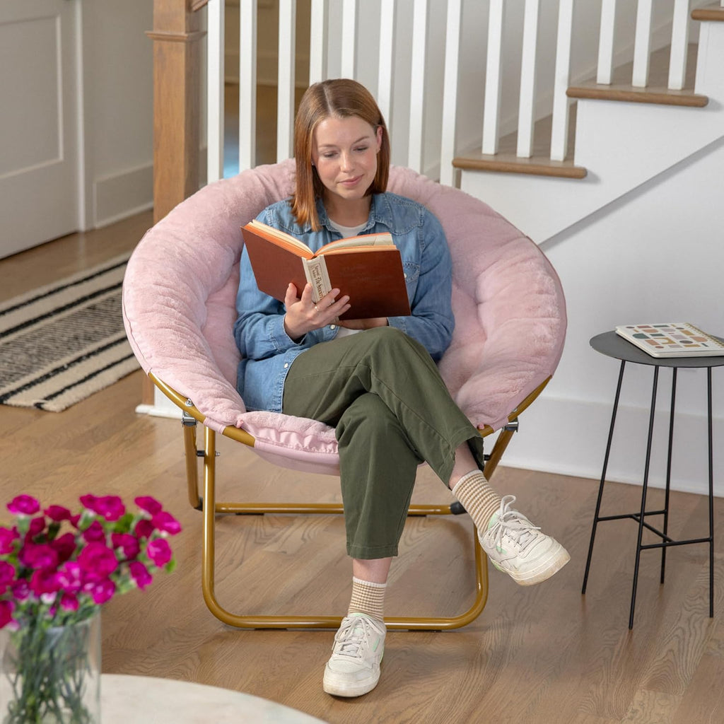 Flash Furniture Gwen Oversize Folding Saucer Chair - Blush Faux Fur Moon Chair - Soft Gold Metal Frame - 38' Portable Folding Chair - for Dorm and Bedroom