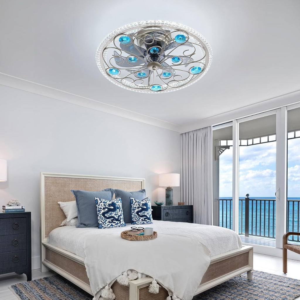 Low Profile Ceiling Fan with Lights 20' Remote Bladeless Ceiling Fan Boho Vintage Flush Mount Ceiling Fans with Light 3 Color Smart LED Dimmable,Handmade Antique Vintage Blue Crystal