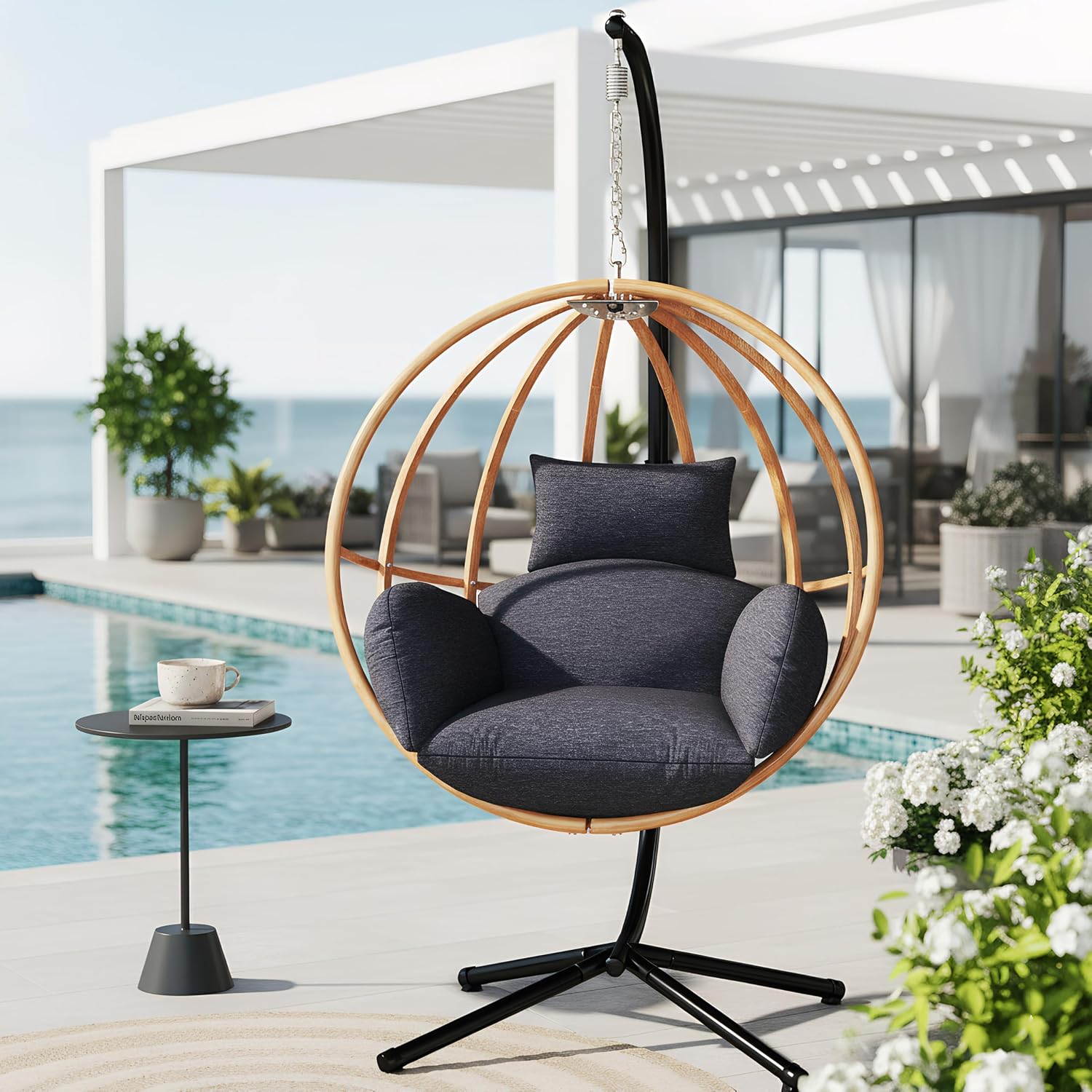 Hanging Egg Chair with Stand, Egg Swing Chair Outdoor for Balcony, Patio Hanging Egg Chairs with Cushions for Relaxation in Bedrooms, Gardens, Black