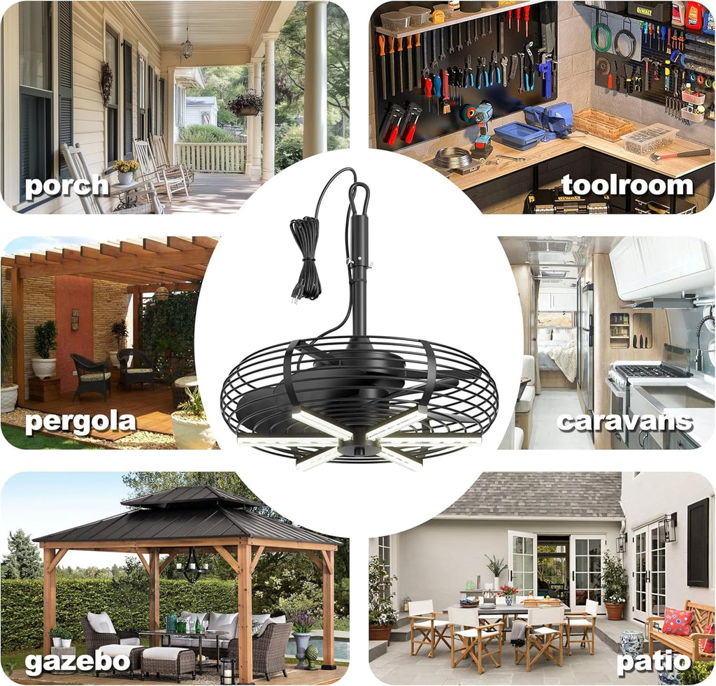 Coolbull Outdoor Ceiling Fans with Light for Patios, 20'' Gazebo Fan, Plug in Ceiling Fan, Waterproof, Remote&APP Control, Hanging with Hook, Black