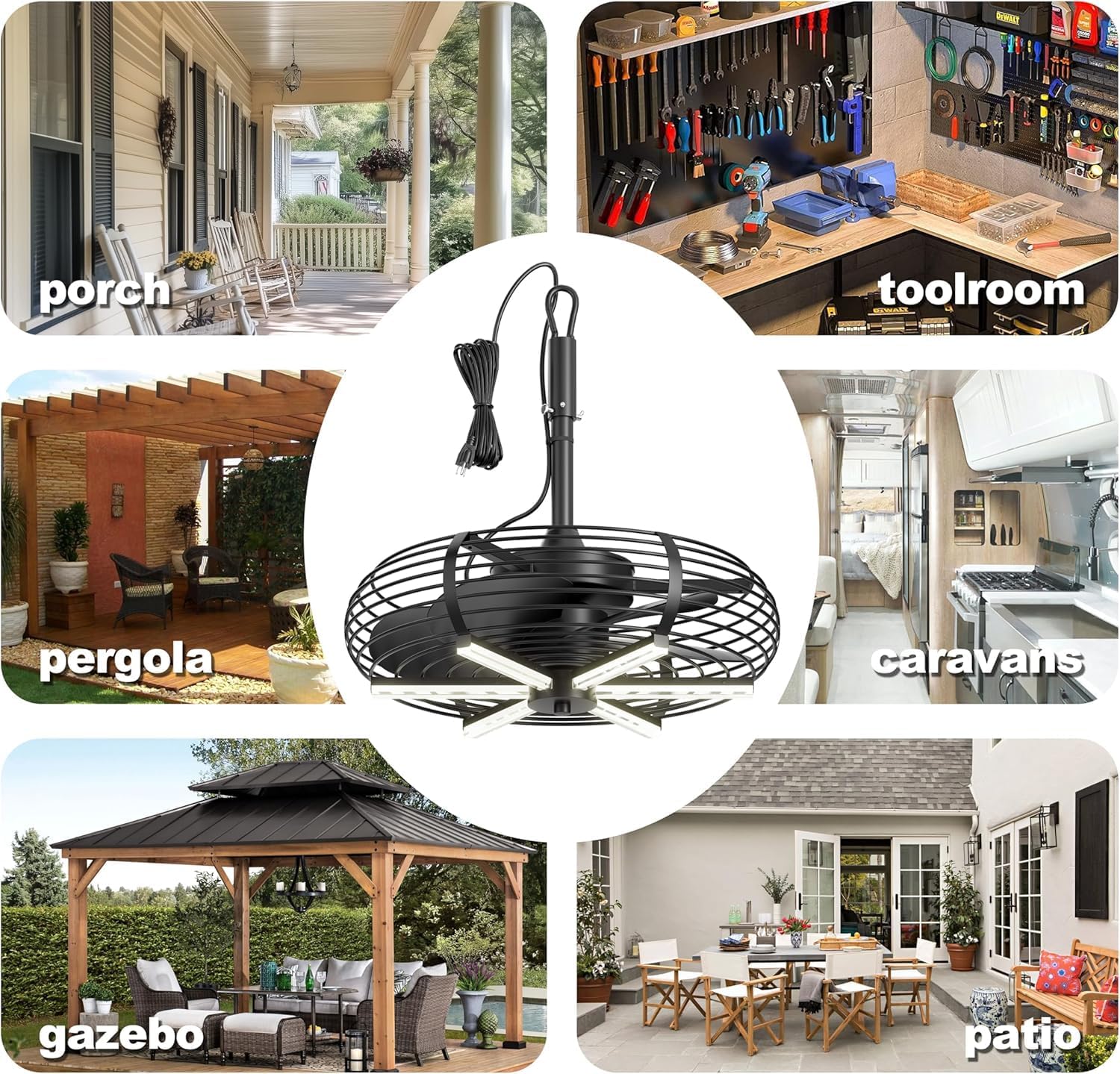 Coolbull 20'' Outdoor Ceiling Fan with Light, Wet Rated Gazebo Fan, Plug in Ceiling Fan, Hanging with Hook, Remote&APP, 6 Speeds, with Wood Blades