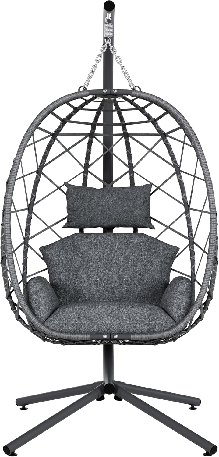 SWITTE Hanging Egg Chair with Stand, Outdoor Indoor Rattan Wicker Egg Swing Chair with Cushion, Heavy Duty Patio Hammock Chairs for Garden Backyard Balcony Bedroom, 400LBS Capacity, Dark Grey