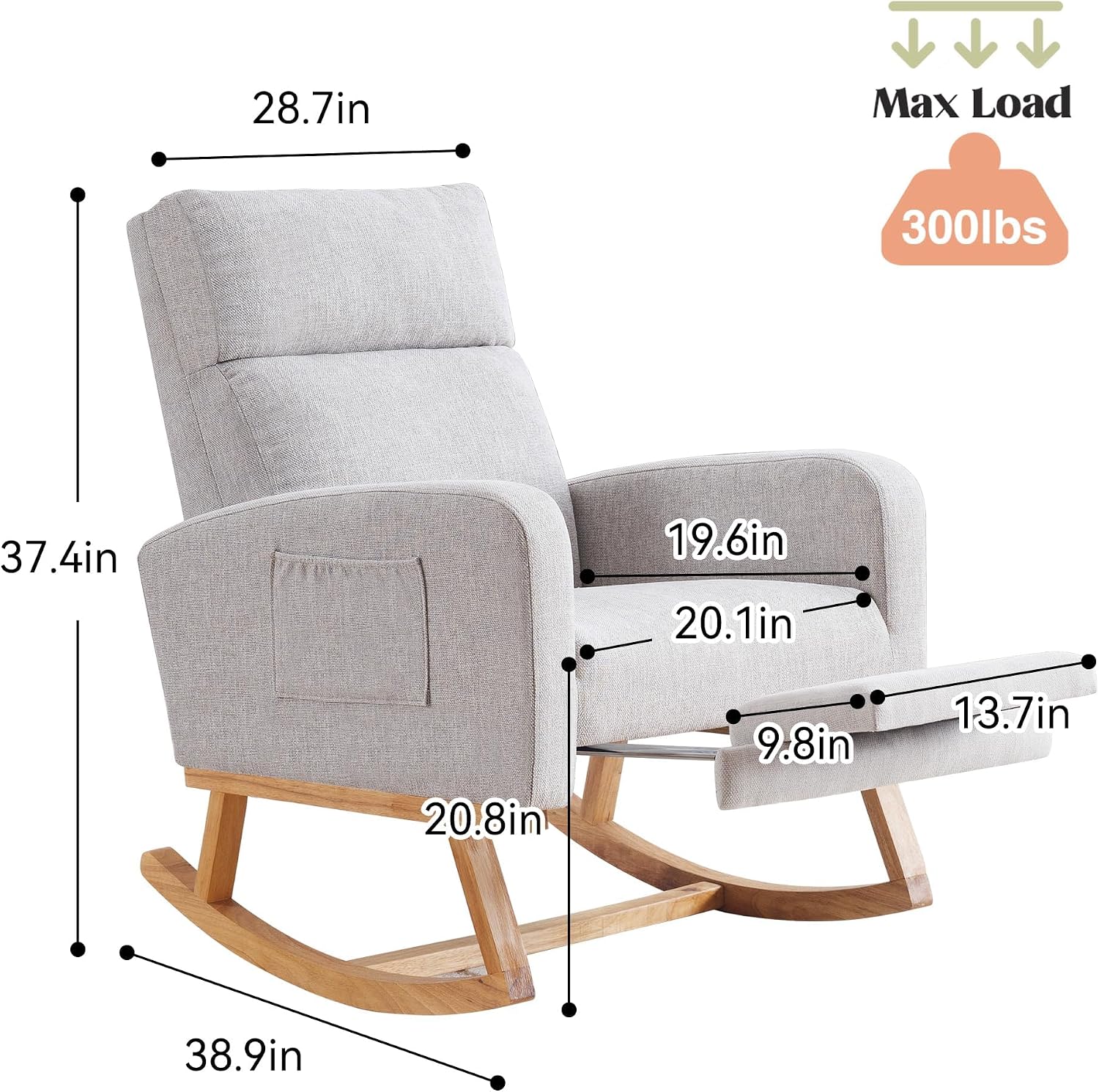 HCHAIRH Rocking Chair Nursery with Foot Rest, Nursing Rocking Chairs for Mom Breastfeeding, Rocker Glider Chair with High Backrest for Living Room, Bedroom, Light Grey