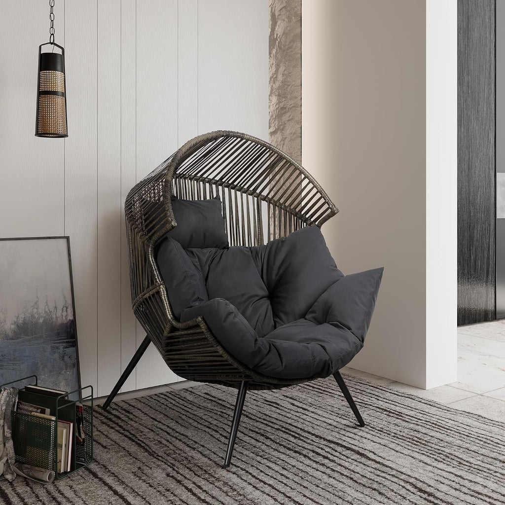Shintenchi Wicker Egg Chair Outdoor Rattan Patio Chair with Cushion,Oversized Patio Lounge Chairs with Cushion Egg Basket Chair, Egg Seat for Indoor Living Room Bedroom Outside,Grey