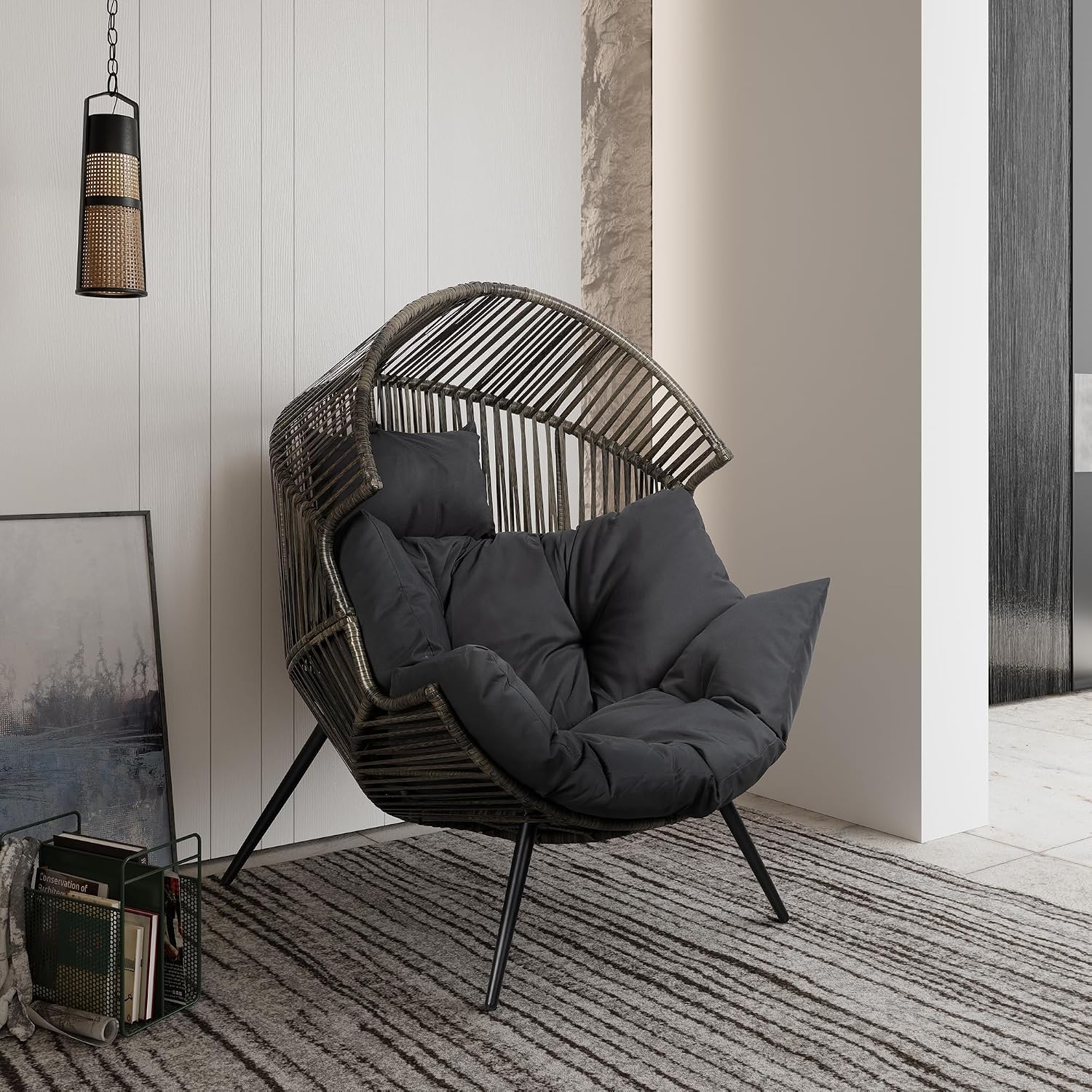 Shintenchi Wicker Egg Chair Outdoor Rattan Patio Chair with Cushion,Oversized Patio Lounge Chairs with Cushion Egg Basket Chair, Egg Seat for Indoor Living Room Bedroom Outside,Grey