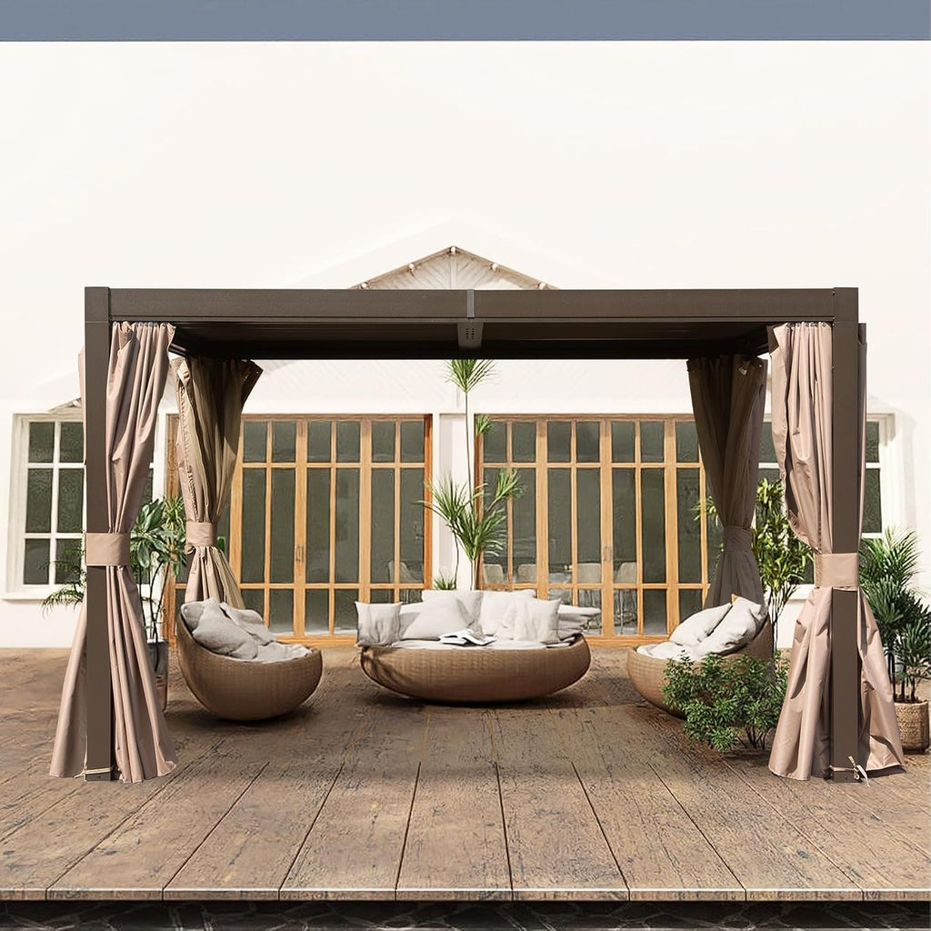 Domi 10x12FT Outdoor Louvered Pergola Full Aluminum Structure,Patio Pergola with Two Independently Adjustable Roof for Backyard, Sun Shade Gzebo with Gutter System for Garden Deck(Dark Brown)