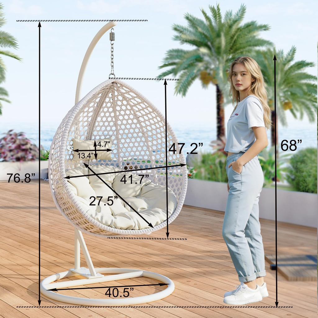 Hanging Egg Chair Outdoor Indoor,Wicker Swing Egg Chair with Stand, 300lbs Capacity for Bedroom Patio Garden Balcony Yard (White)