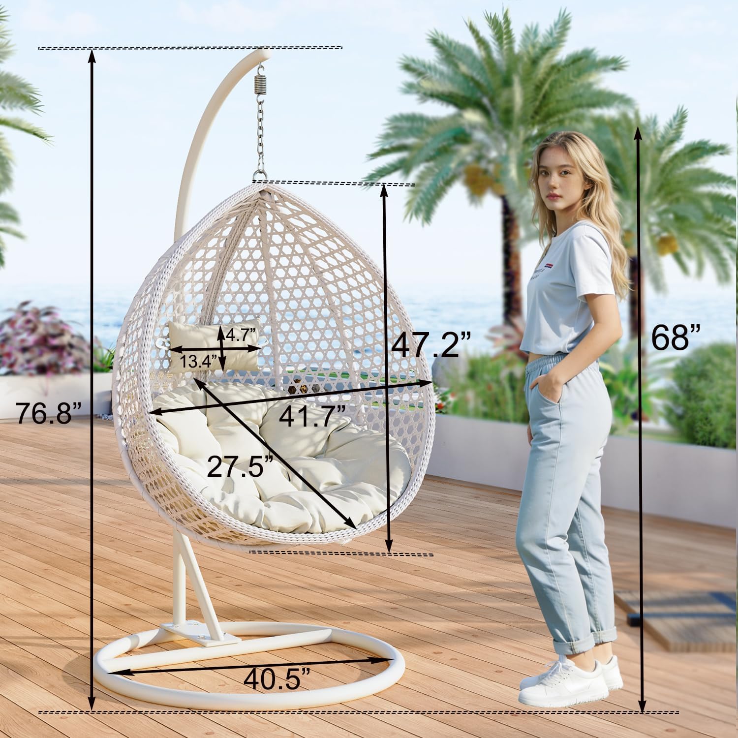 Hanging Egg Chair Outdoor Indoor,Wicker Swing Egg Chair with Stand, 300lbs Capacity for Bedroom Patio Garden Balcony Yard (White)
