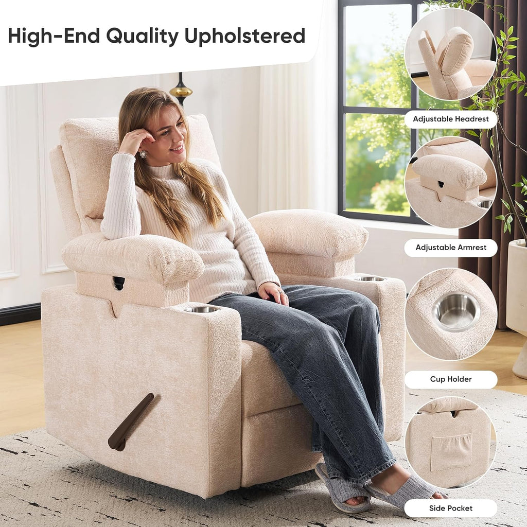 Swivel Rocker Recliner with Adjustable Armrests, Rocking Nursery Chair with Adjustable Headrest, Cup Holder, Manual Recliner Nursing Chair for Breastfeeding, Chenille Beige