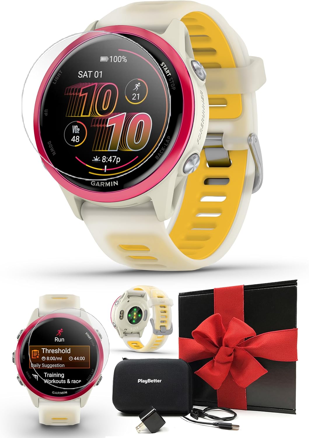 Garmin Forerunner 570 (42 mm, Raspberry/Translucent Bone/Mango) Running GPS Smartwatch - AMOLED Display, Training - Gift Box Bundle with PlayBetter HD Screen Protectors, Wall Adapter & Case
