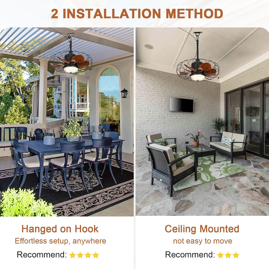 20' Waterproof Outdoor Ceiling Fan with Light for Patios Gazebo Fans Outdoor Hanging Black Caged Fandelier LED Light with Plug-in Cord for Pergola Porch Gazebo, Remote APP Control, 6 Speeds