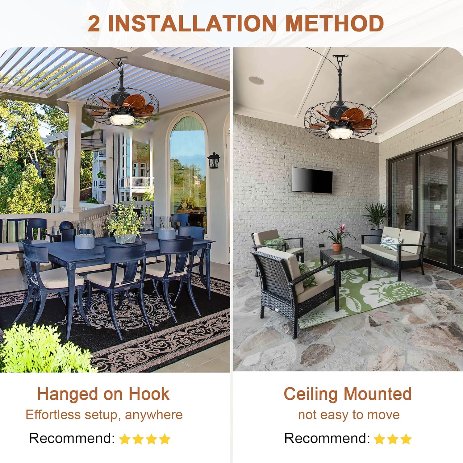 20' Waterproof Outdoor Ceiling Fan with Light for Patios Gazebo Fans Outdoor Hanging Black Caged Fandelier LED Light with Plug-in Cord for Pergola Porch Gazebo, Remote APP Control, 6 Speeds