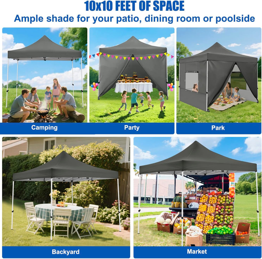 Yesker 10x10 Pop Up Canopy Tent with 4 Sidewalls Portable Folding Outdoor Canopy Easy Setup Gazebo Waterproof Instant Popup Shelter Tent w Wheeled Carry Bag sandbags for Events Parties Camping, Gray