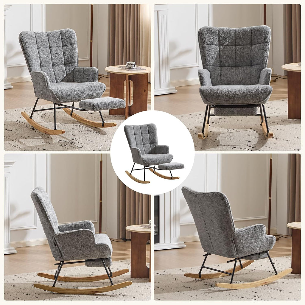 Furniliving Nursery Rocking Chair Upholstered Glider Rocking Chair Modern Accent Chair with Retractable Footrest Reading Chair with High Backrest Comfy Chair for Living Room, Grey, Teddy
