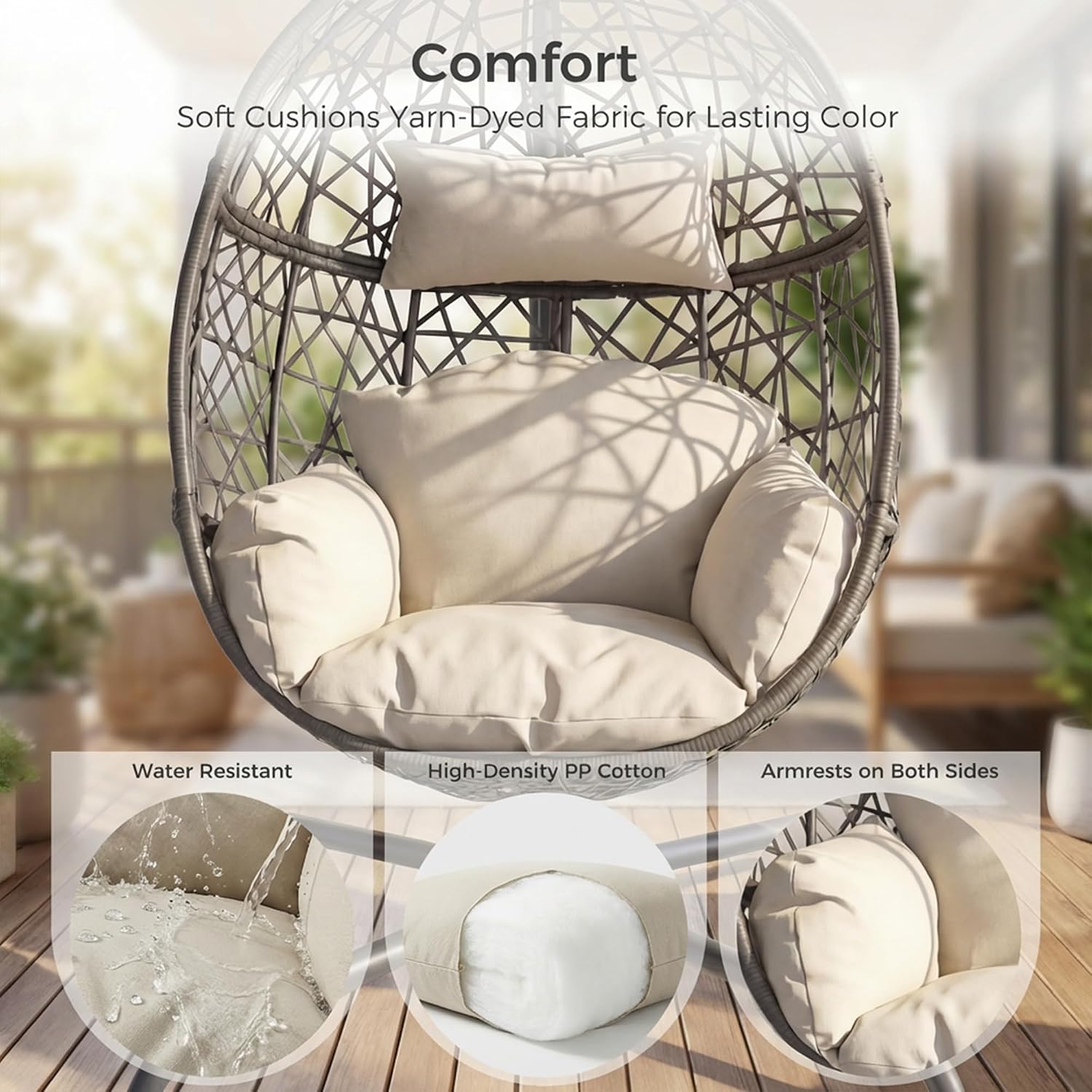 RADIATA Oversized Hanging Egg Chair with Stand, Large Indoor Outdoor Swing Chair with Cushion, 350lbs Wicker Bird Nest Eggshell Basket Chairs, Patio Swinging Hammock Chair for Bedroom Garden, Beige