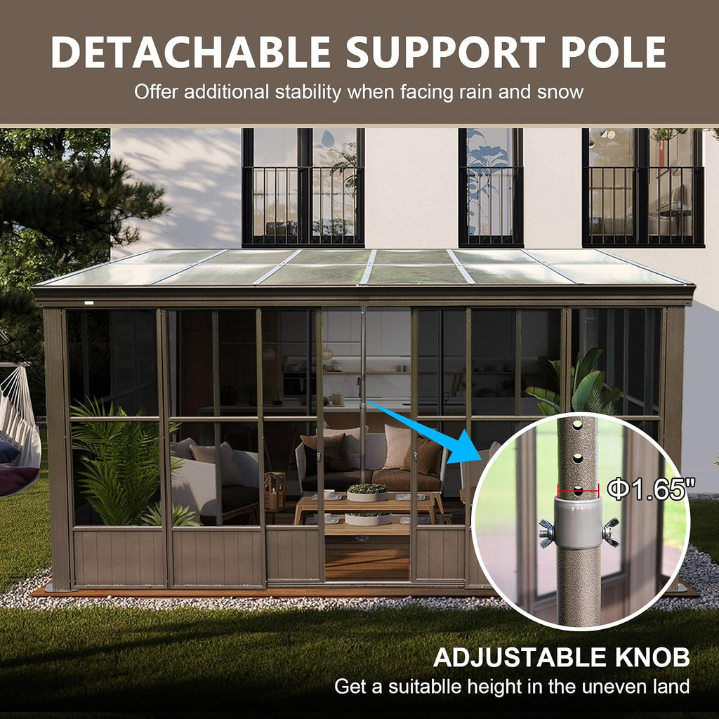 Domi Lean-to Sunroom 10x12FT, Wall Mounted Solarium with Sloping Polycarbonate Roof, Detachable Polycarbonate Screens, 2 Lockable Sliding Doors, Aluminum Gazebo Against Wall Sun Room for Patio Deck