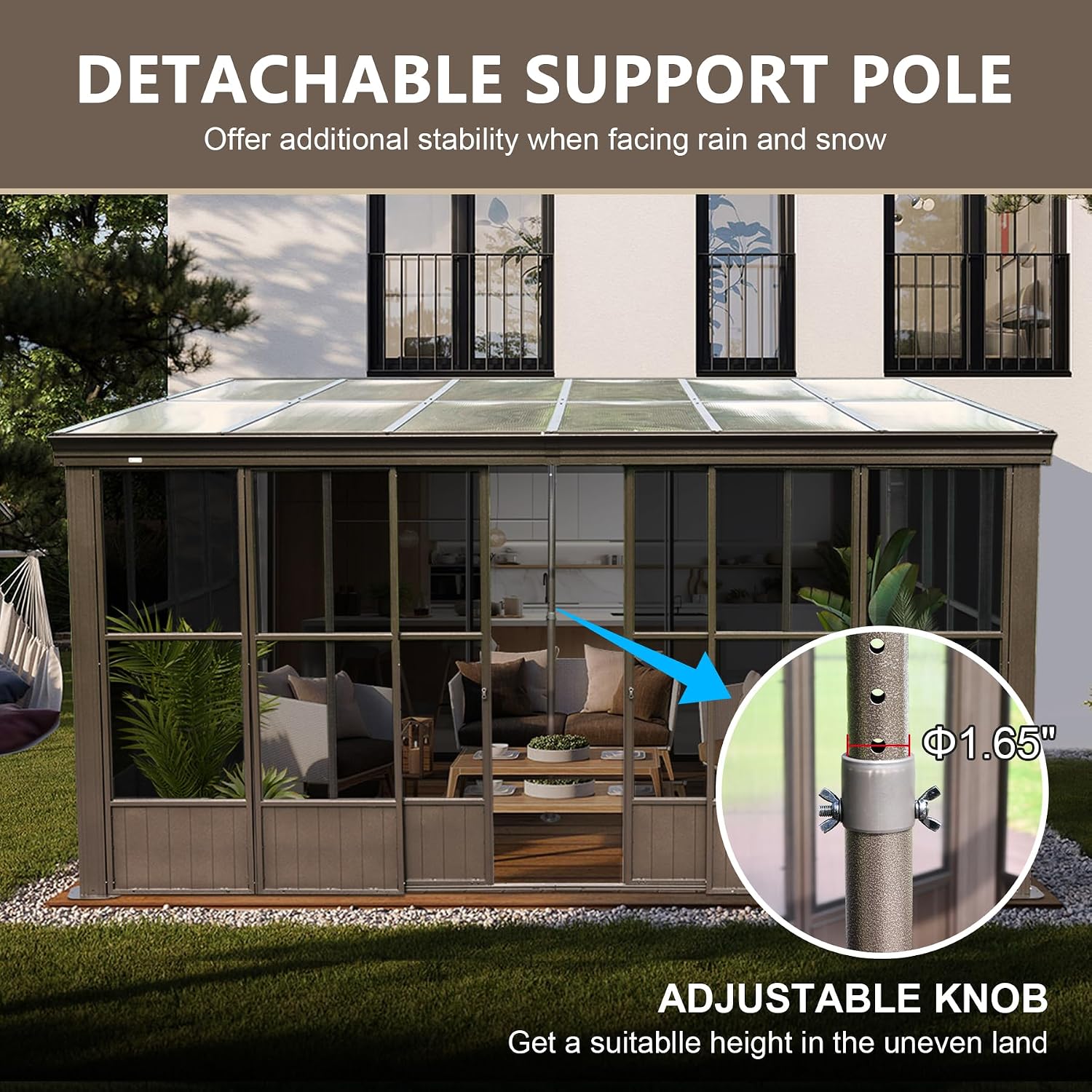 Domi Lean-to Sunroom 10x12FT, Wall Mounted Solarium with Sloping Polycarbonate Roof, Detachable Polycarbonate Screens, 2 Lockable Sliding Doors, Aluminum Gazebo Against Wall Sun Room for Patio Deck