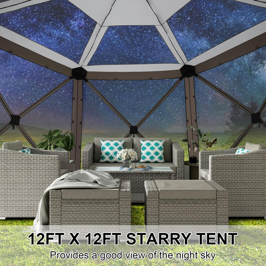 COBIZI Pop Up Gazebo Screen Tent Screen House for Camping, 12x12 Screen Room with Mosquito Netting, Hub Tent Instant Screened Canopy with Carrying Bag and Ground Stakes, Brown