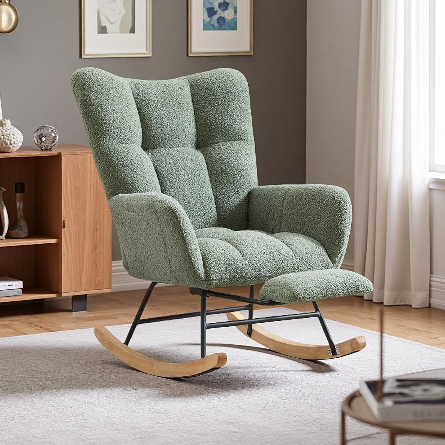 Teddy Fabric Rocking Chair, 35.4' Plush Glider with Anti-Slip Base - Sturdy Iron & Wood Frame, Comfort Rocker for Living Room, Bedroom, Nursery (Green Teddy Fabric)