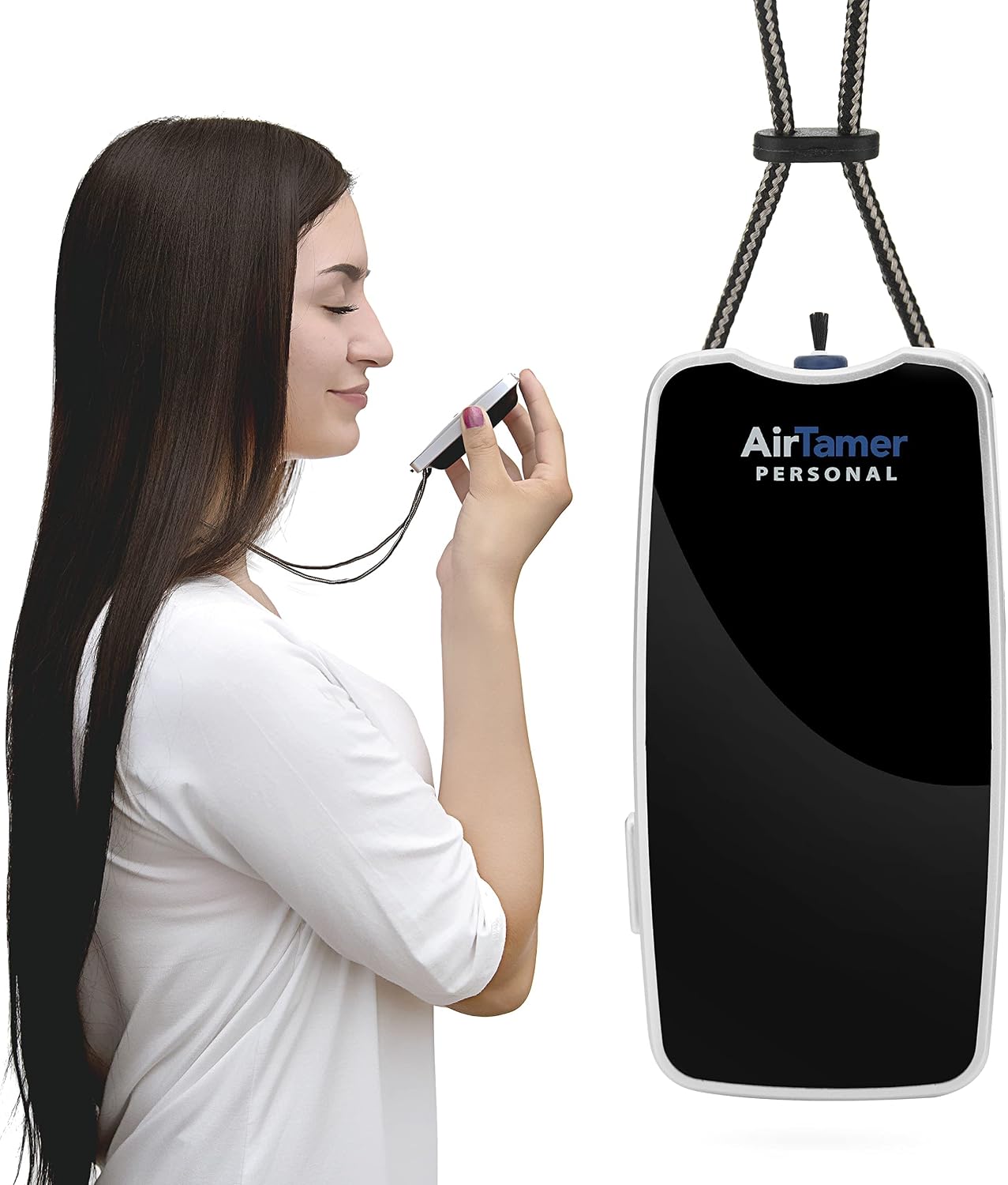 AirTamer A310 Personal Air Purifier Necklace – Rechargeable Wearable Air Cleaner for Travel, Office & Everyday Use - Silent, Lightweight, Black with Metal Case