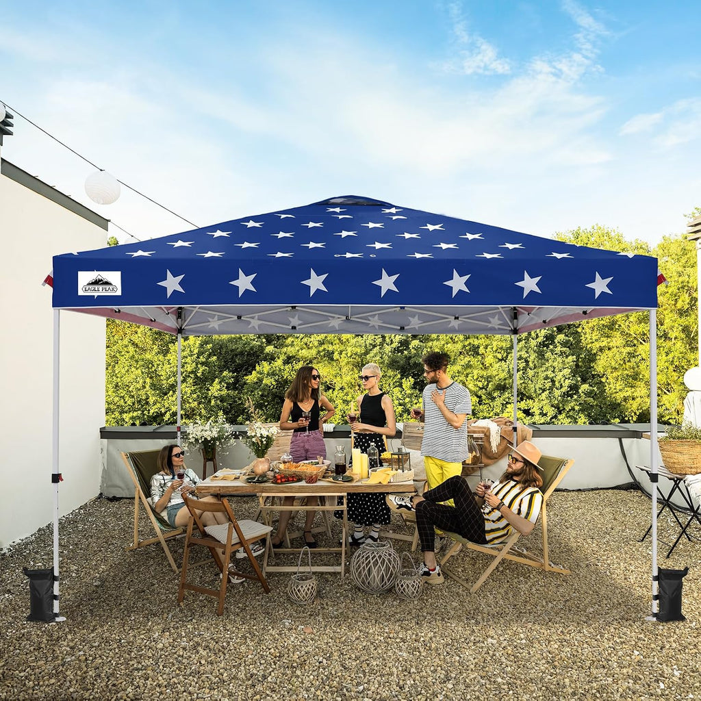 EAGLE PEAK Pop Up Canopy Tent with Wheeled Carry Bag, 8 Stakes, 4 Ropes, 4 Weight Bags, Easy Set Up Tent Canopy, 12x12 ft, 144sqft of Shade, American Flag