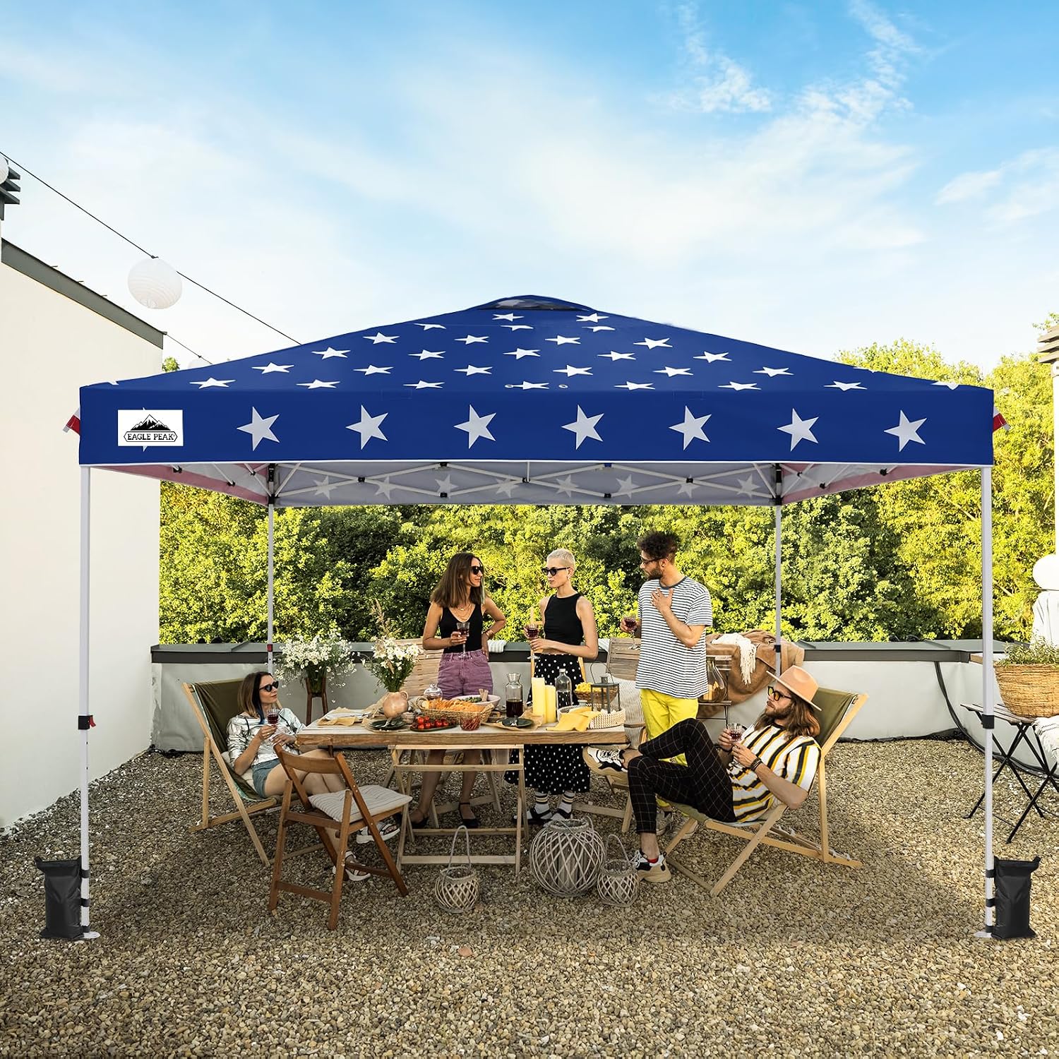 EAGLE PEAK Pop Up Canopy Tent with Wheeled Carry Bag, 8 Stakes, 4 Ropes, 4 Weight Bags, Easy Set Up Tent Canopy, 12x12 ft, 144sqft of Shade, American Flag