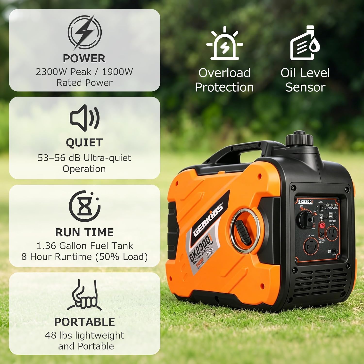 GENKINS Inverter Generator 2300 Watt Portable Generator Gas Powered Ultra Quiet for RV Ready Outdoor Camping Home Backup