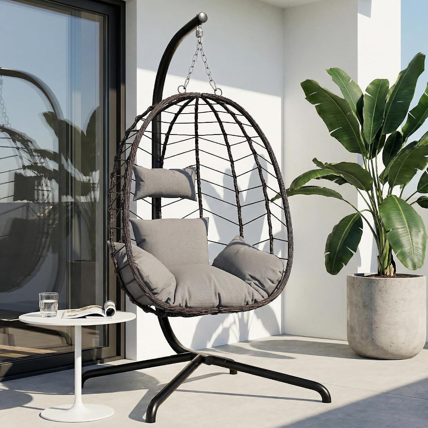 LEX CRAFT Hanging Egg Chair with Stand, Swinging Egg Chair Outdoor Indoor, Hanging Basket Chair with Cushion, Patio Wicker Hammock Chair 350lbs Capacity for Porch, Balcony, Backyard, Garden (Grey1)