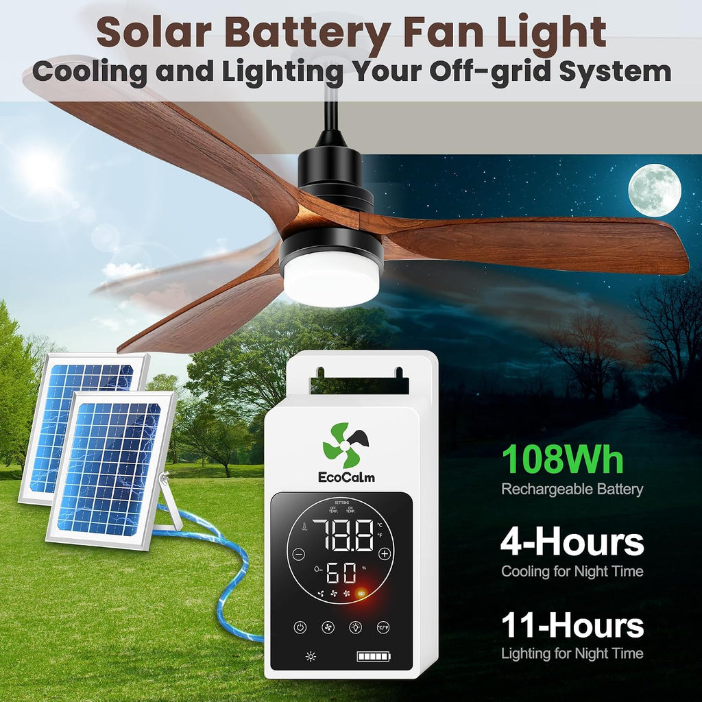 Outdoor Ceiling Fan with Light & Battery, 52' Solar Ceiling Fans for Outside 3 Speeds, Quiet Wood Walnut Fan with Adjustable Thermostat for Gazebo, Patios