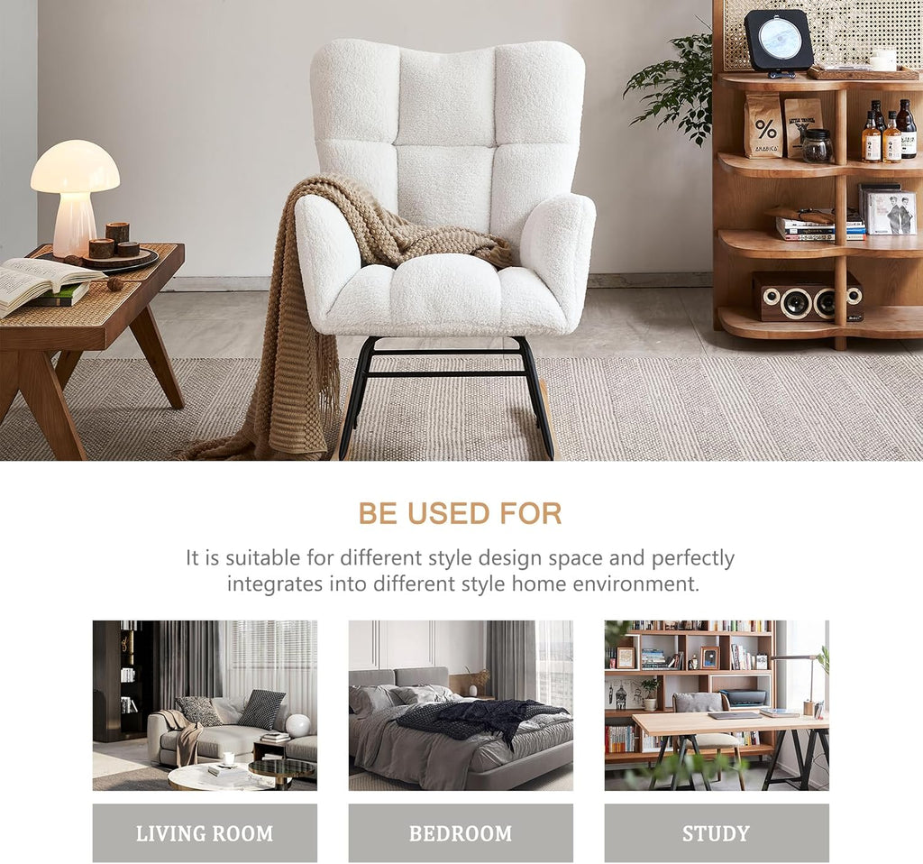 Rocking Chair Nursery, High Backrest Teddy Glider Rocker Upholstered Rocker Recliner Modern Rocking Accent Chairs for Bedroom, Living Room, Offices (Ivory)