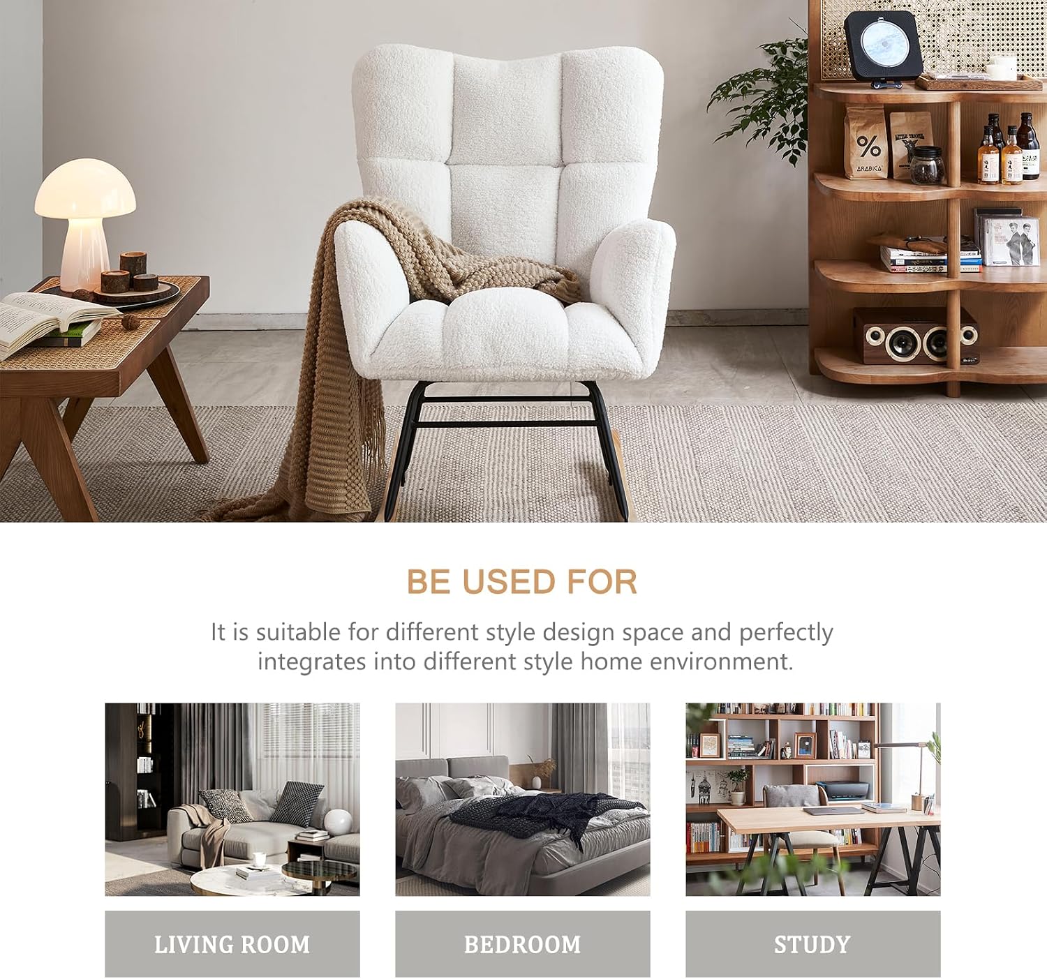 Rocking Chair Nursery, High Backrest Teddy Glider Rocker Upholstered Rocker Recliner Modern Rocking Accent Chairs for Bedroom, Living Room, Offices (Ivory)