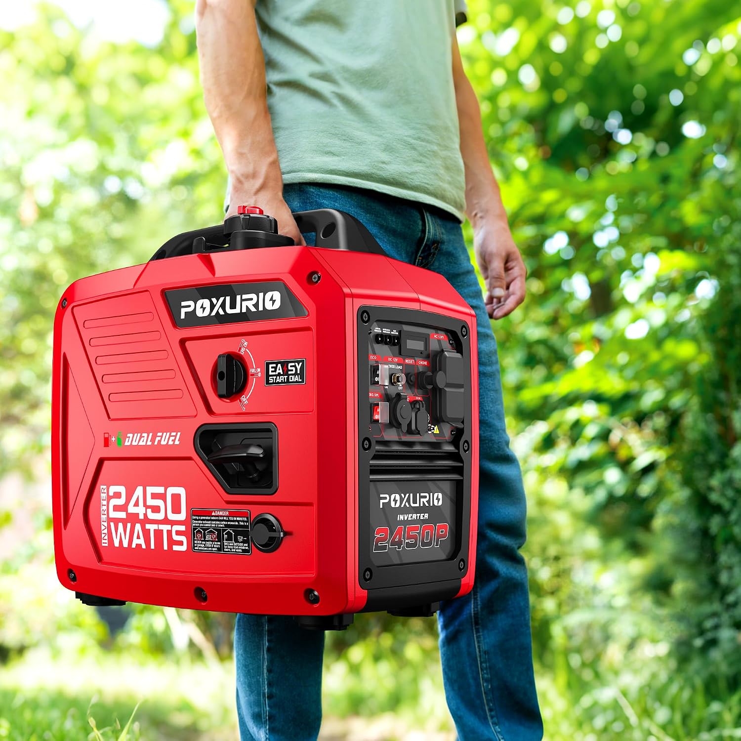 2450-Watt Dual Fuel Inverter Generator for Home Use, 1.6Gallon Large Fuel Tank Up to 8.3 Hours Use, 120V Gas Powered Generator Super Quiet - EPA Compliant, Red