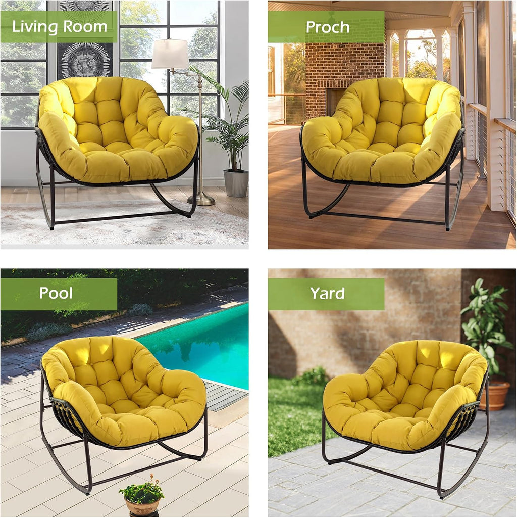 Papasan Rocking Chair, Oversized Papasan Chair with Cushion and Frame for Indoor& Outdoor,Egg-Shaped Patio Rocking Chair for Garden, Deck, Living Room, Yellow