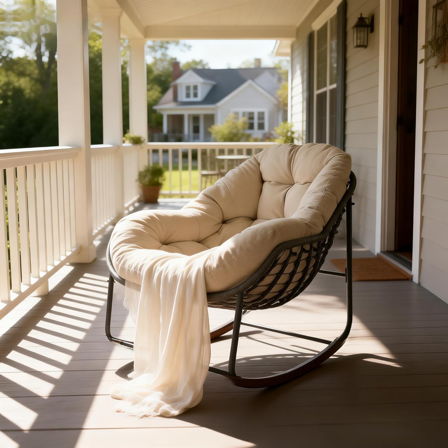 YDcosyfy Oversized Outdoor Papasan Rocking Chair with Soft Cushion, Comfy Patio Egg Chair, Wicker Lounge Rocker for Balcony/Porch/Garden, Reinforced All Weather Rattan Frame, 330 lbs Support, Beige