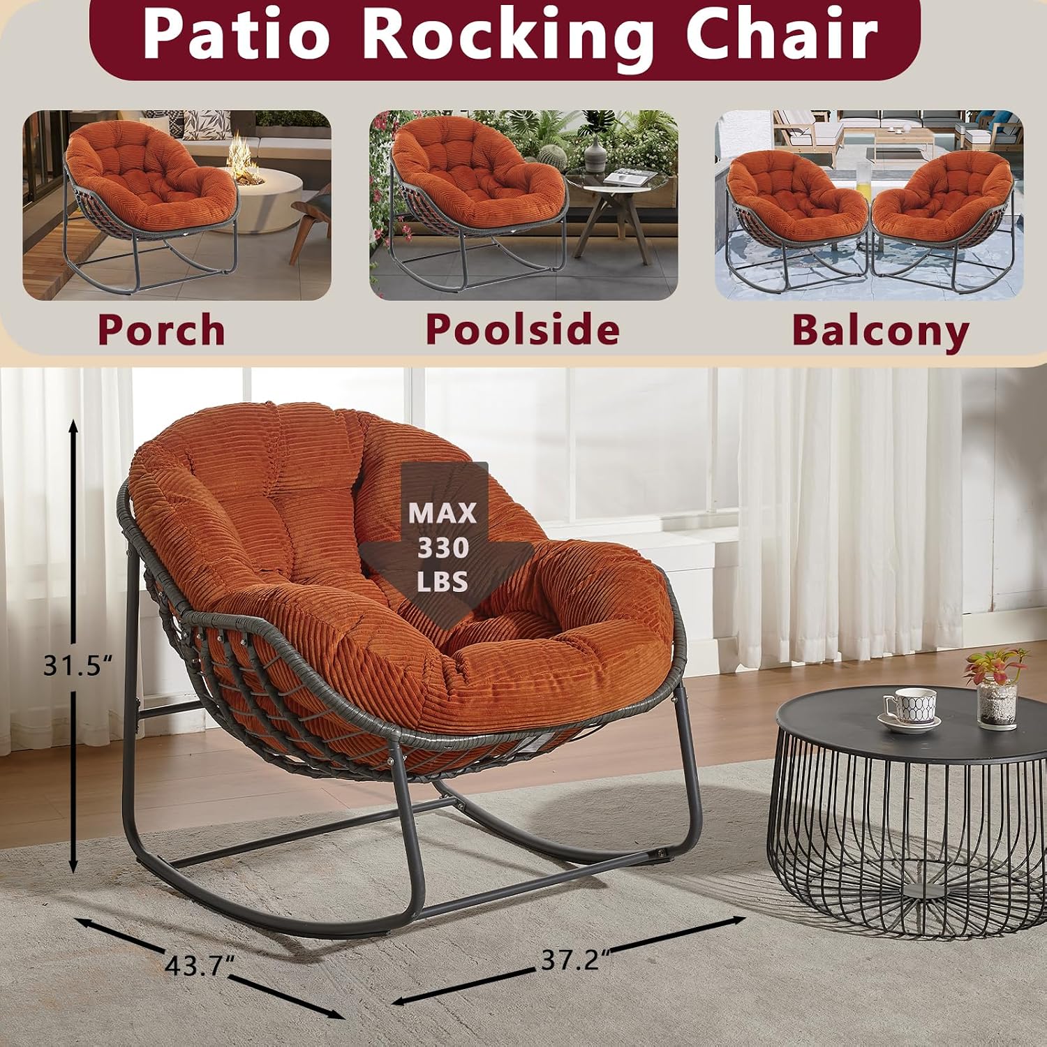 Oversized Outdoor Papasan Rocking Chair with Soft Cushion, Comfy Patio Egg Chair, Wicker Lounge Rocker for Balcony/Porch/Garden, Reinforced All Weather Rattan Frame, 330 lbs Support, Burnt Orange
