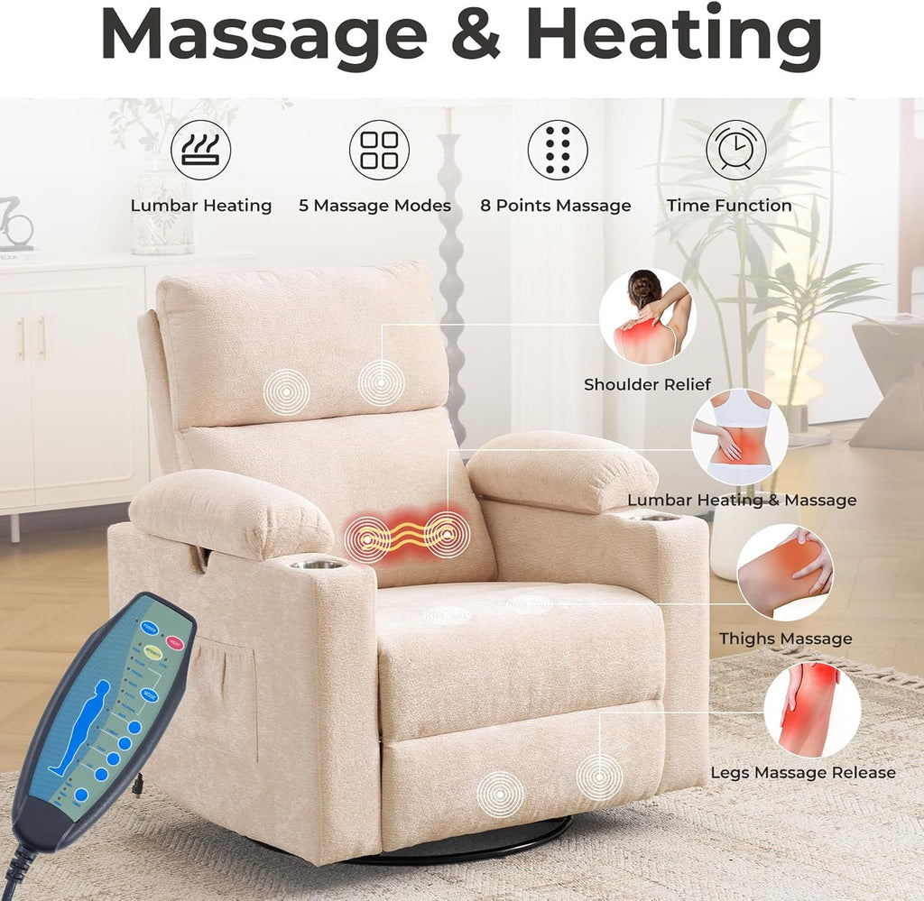 Rocking Chair Nursery with Adjustable Armrests, Electric Glider Recliner Nursing Chair for Breastfeeding, Power Swivel Recliner Chairs with Massage and Heat, Adjustable Headrest , FSC Certified, Beige