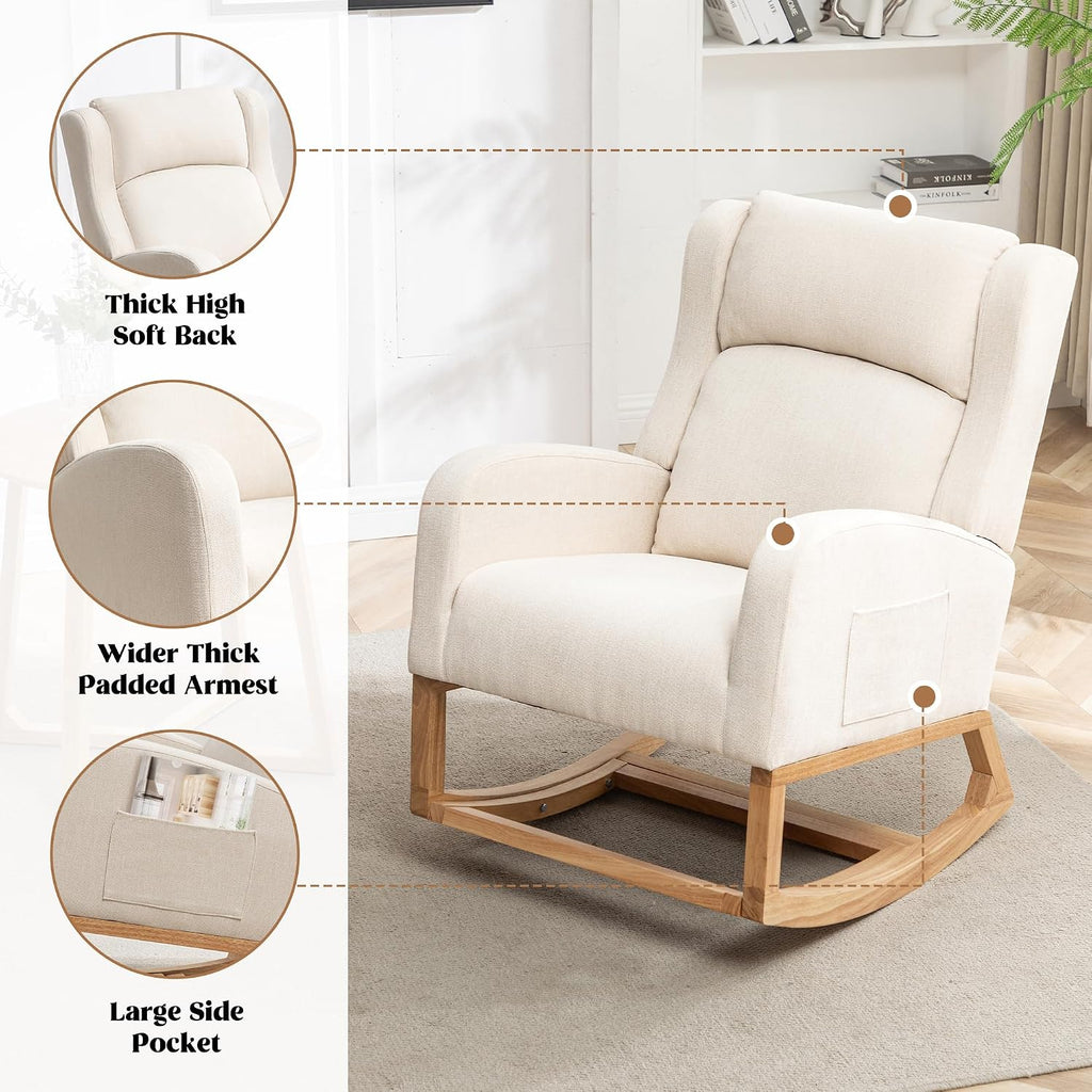 HCHAIRH Rocking Chair Nursery, Nursing Rocking Chairs for Mom Nursery, Comfy Wingback Glider Rocking Armchair with Foot Rest and Side Pocket for Nursery Living Room Bedroom, Beige