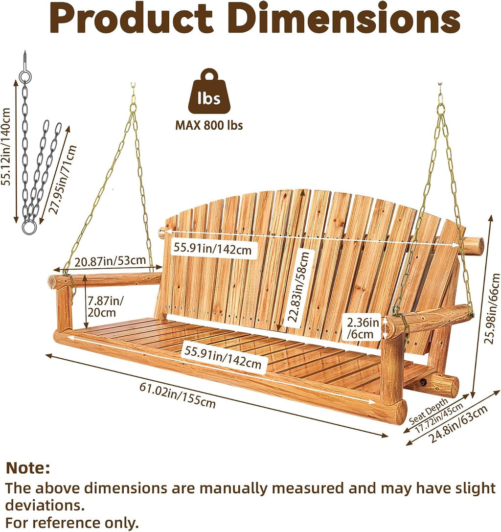 Outdoor Porch Swing Front Porch Hanging Wooden Bench Swing 3 Seat Chair for Garden, Patio, Backyard, Playground, Log Wood 800Lbs, 5 Ft, Lightly Toasted
