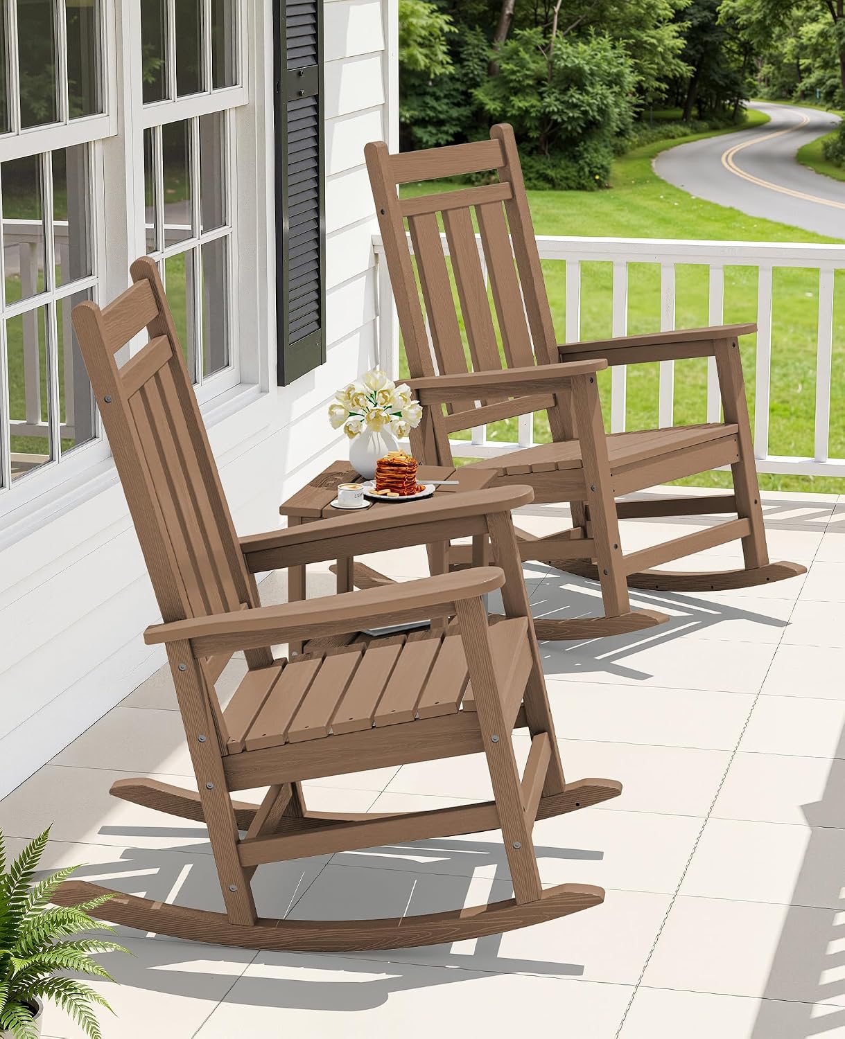 KINGYES Oversized Outdoor Rocking Chair Set of 2, All-Weather Patio Rocking Chairs for Porch, HDPE Outdoor Patio Rockers with High Back & Wide Seat for Garden, Lawn, Brown