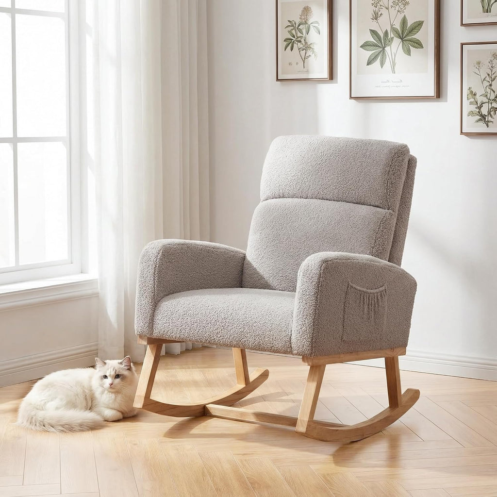Rocking Chair Nursery, Nursery Rocker Chairs for Mom with High Backrest and Solid Wood Legs, Teddy Modern Glider Chairs for Nursing Living Room Bedroom, Light Grey