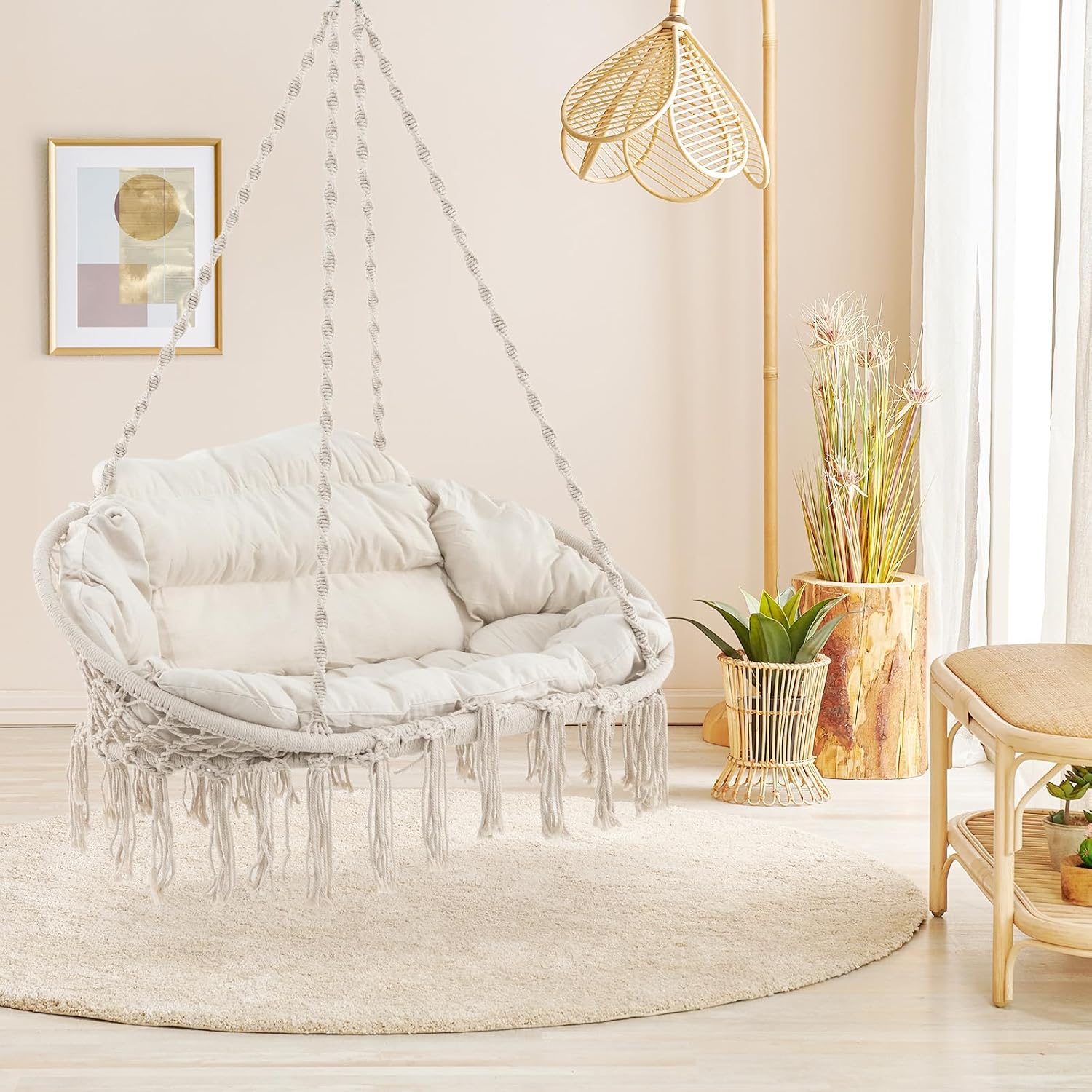 Giantex Hammock Chair, Macrame Hanging Chair with Removable Cushion, Romantic Tassels, Outdoor Indoor Rope Chair for Relax in Bedroom, Porch, Balcony, Backyard, Max 440 lbs, Swinging Chair, Beige