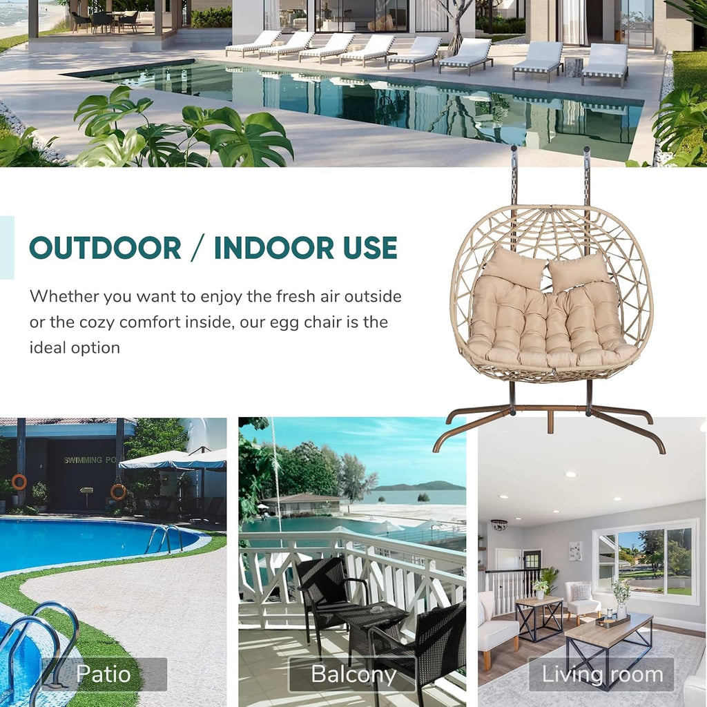 JOYBASE Double Swing Egg Chair with Stand, 2-Person Hanging Egg Chair Wicker Rattan Oversized Swinging Chair for Outdoor Indoor Garden Patio (Khaki Cushion and Beige Rattan)