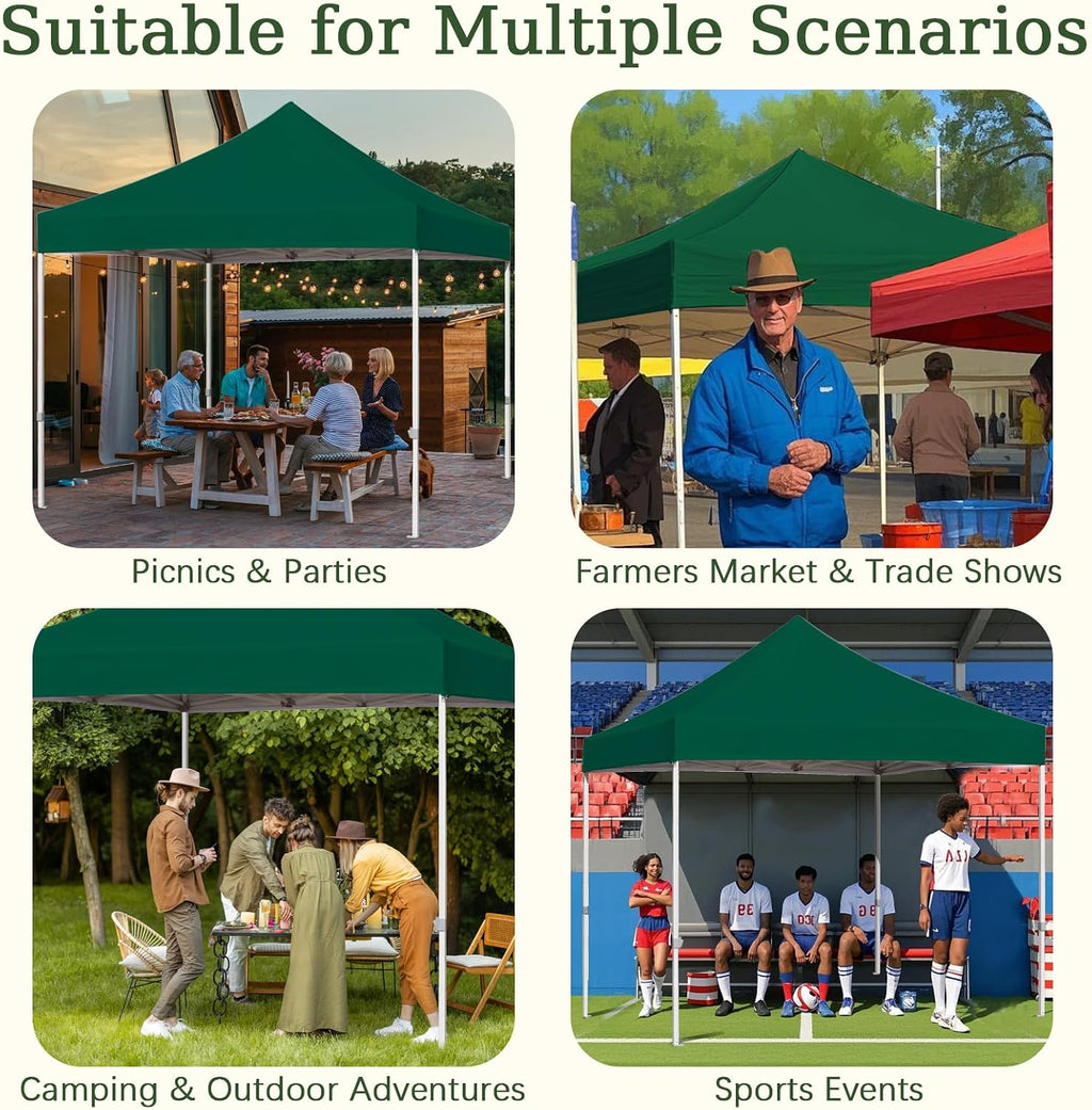 Easy 10x10 Pop Up Canopy Tent with Peak Tensioner, Heavy Duty for Commercial Use, Industry-Leading 3000mm Waterproof, 500D Silver Coated Top, Wheeled Bag, 4 Sandbags, Stakes & Ropes, Forest Green